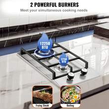 Cocina a gas   de 12 pulgadas, máx. 12250 BTU, 2 quemadores integrados de acero inoxidable, placa de gas natural convertible a GLP/GN con protección de termopar. - 12 pulgadas - Ver 3