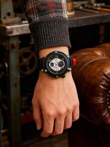 1pc New Men's Watch, Mechanical Style Hollow Dial Quartz Wristwatch, Best Gift For Halloween And Christmas - Black - View 1