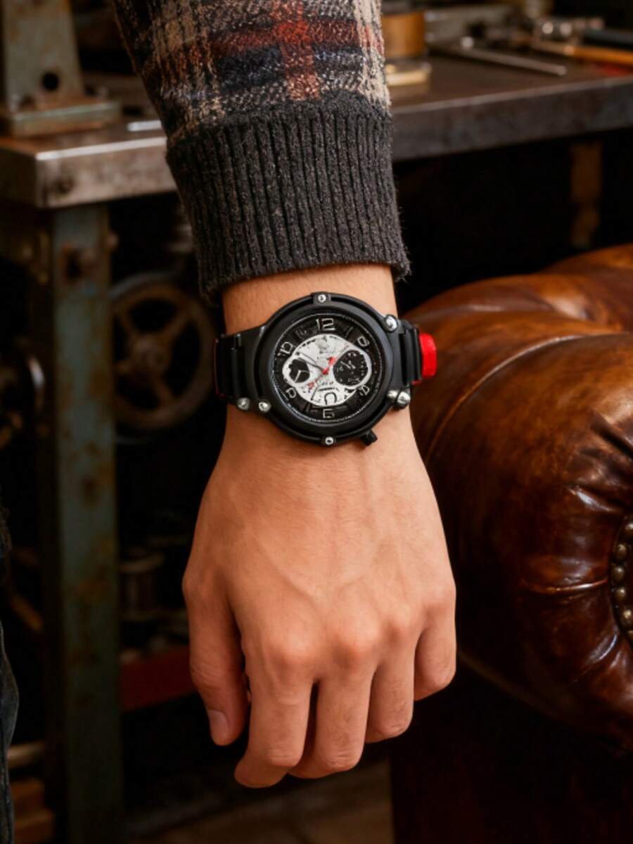 1pc New Men's Watch, Mechanical Style Hollow Dial Quartz Wristwatch, Best Gift For Halloween And Christmas - Black - View 1
