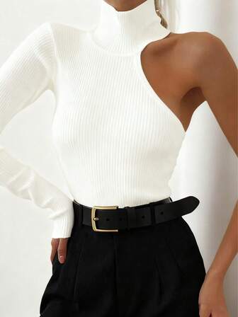 Solid Color Asymmetric Neckline Bodysuit