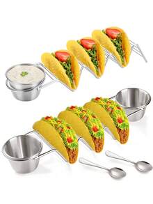 1 pieza Soporte de acero inoxidable para tacos, tazas para salsa, bandeja para servir tortillas, set de 2 soportes para tacos, soporte de acero inoxidable para tortillas, soporte multicompartimento para tacos, soporte para panqueques mexicanos, pinza para enrollados de maíz, soporte para sándwiches y almacenamiento de escritorio. - Multicolor - Ver 1