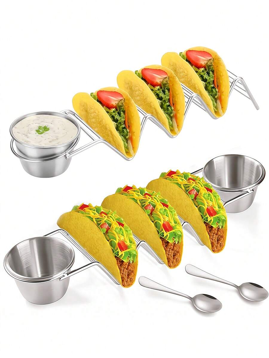 1 pieza Soporte de acero inoxidable para tacos, tazas para salsa, bandeja para servir tortillas, set de 2 soportes para tacos, soporte de acero inoxidable para tortillas, soporte multicompartimento para tacos, soporte para panqueques mexicanos, pinza para enrollados de maíz, soporte para sándwiches y almacenamiento de escritorio. - Multicolor - Ver 1