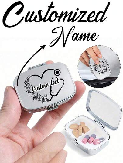 Personalized Medication Storage--Cute Customize Pill Letter Series Pattern Two Compartment Portable Pill Storage Room, Cute Mini Metal Storage Box, Portable Jewelry And Pill Box, Personalized Creative Gift With Cartoon Logo, Suitable For Travel, Outdoor Activities, Bags, Pockets, Used For Wedding Gifts
