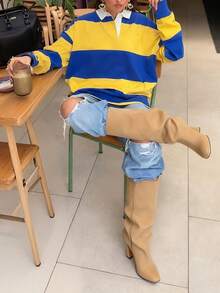 Fall Women Clothes Casual Y2K Fashion Casual College Style Simple Street Daily Multi-Color Clashing Stripes Splicing Lapel Button Up Polo Women Design Long Sleeve Loose Pullover Sweatshirt,Winter Tops,Christmas,Homecoming Going Out Tops - Multicolor - View 6