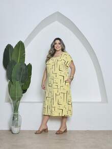 Printed Plus Size Midi Knit Dress - Amarillo mantequilla - Ver 2