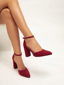 女士尖头粗跟高跟鞋，性感，适合办公室、约会、派对 - 酒紅色 - 查看 7