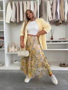 Plus Size Midi Long Mesh Skirt Elastic High Waist A-Line Summer Skirts Cute Lemon Pattern - Yellow - View 9