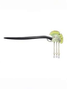 1pc Floral Print Elegant Ginkgo Leaf Tassel Hair Clip, Classical Chinese Style Faux Rosewood Hairpin, Suitable For Cheongsam, Hanfu, All Seasons Hair Accessory, Bun Extension, Pins For Hair