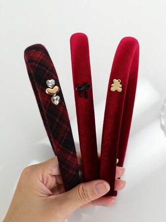 3pcs/Set Burgundy Sponge Wide Headband, Girls Hair Clips, Christmas Hair Accessories, Fashionable School Style