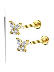 2 件套无螺纹平底锥形耳环耳钉，不锈钢按入式鼻钉环，各种款式 CZ 耳屏软骨海螺鼻穿孔饰品防过敏耳洞女款 20G - Golden and Silvery - 查看 18