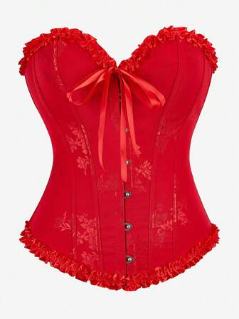 Overbust Bustier Corset Top, Pleated Ruffle Trim Waist Cincher Bodysuit, Formal Occasion Tight Fit Backless Lace-Up Front Corset For Women, Classic Retro Costume For Halloween