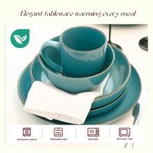 HomeVss Eur-Nordic Shape Raising Rim 20pc Dinnerware Set, Shiny Glaze Turquoise With Speckle Effect - 青檸色 - 查看 4