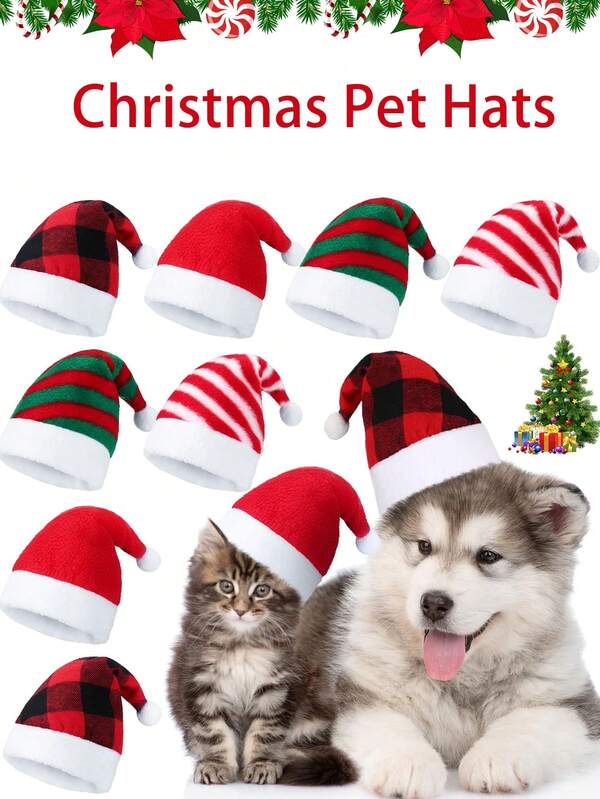 Random 4 Pieces Pet Cat Dog Christmas Santa Hat Holiday Party Cute Costumes For Puppy Kitten Christmas Cosplay Dress Up Supplies