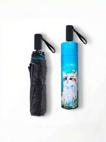 Guarda-chuva Dobrável Portátil Ultralight com Gato e Lua, Essenciais de Viagem, Esqueleto de Alumínio, Revestimento Fofo de Vinil, Proteção UV à Prova de Chuva, Presente, Proteção Solar para Homens e Mulheres