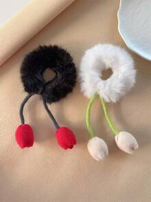 3pcs Autumn/Winter Women Cute Knitted Tassel Tulip Fuzzy Hair Scrunchies, Ponytail Holders, Suitable For Dresses, Vacation, Daily Outfits, Hair Accessories, Bohemian, Cute, Elegant ,Hair Ties