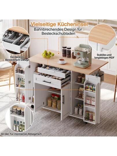 120*45cm, Mobile Kitchen Isl Trolley, Worktop Extends Up To 70cm, Hidden Cutlery Drawer, Adjustable Shelves, Spice Rack Towel Holder, Kitchen, Dining Room Or Living view 5