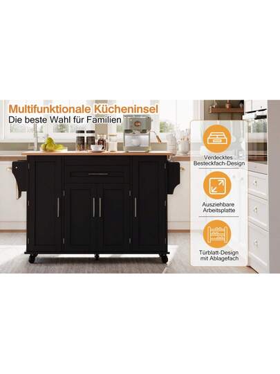 120*45cm, Mobile Kitchen Isl Trolley, Worktop Extends Up To 70cm, Hidden Cutlery Drawer, Adjustable Shelves, Spice Rack Towel Holder, Kitchen, Dining Room Or Living view 11