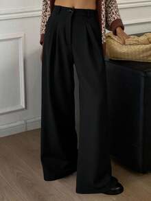 Livesso 高腰褶饰阔腿西装裤，女士正装裤 - 黑色 - 查看 6