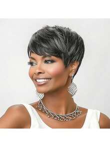 Short Curly Wigs Pixie Cut Wig Short Hair Black Wig With Bangs Natural Wavy Synthetic Wigs - Đánh dấu màu xám - Xem 8