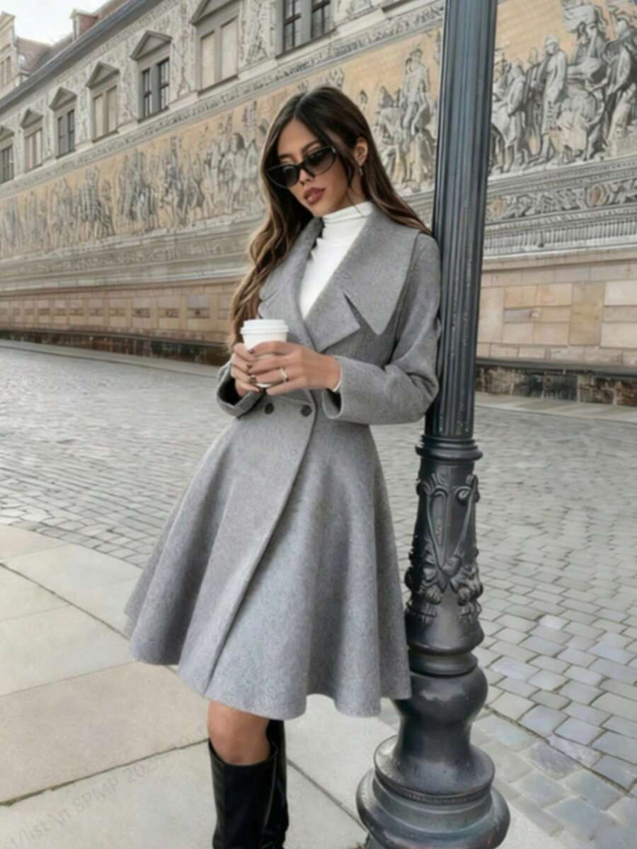 女士优雅双排扣长袖纯色羊毛大衣，带大翻领 - 灰色 - 查看 1