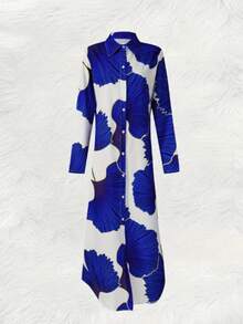 Loose Shirt Dress With Buttons Front, Casual Solid Color Split Hem Dress In Spring And Autumn, Shirt Dresses For Women - Blue and White - View 4