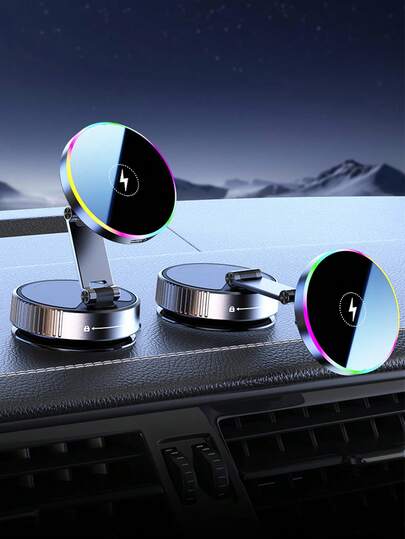 带无线充电的全新车载磁性手机支架 - 15W 快速充电，升级版磁性镜，720° 双轴全景视图，可拉伸、折叠和旋转超广角，RGB 灯，USB 供电，旋转助推器 + 真空吸盘