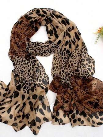 1 st. bohemisk leopardmönstrad chiffonghalsduk för kvinnor, trendig klassisk mångsidig halsduk med omlott, lämplig för vardagsbruk och klänning
