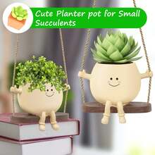 Cute Smiling Face Hanging Flowerpot High-Quality Resin Drainage Hole, Perfect For Indoor And Outdoor Decoration DIY Fun For Families And Gardens Ideal Gift For Plant Enthusiasts - 米色 - 查看 4
