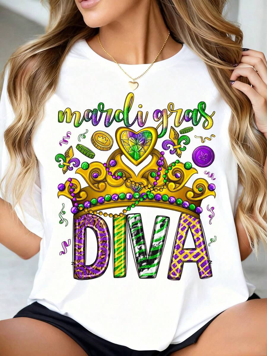 Mardi Gras Diva Crown T-Shirt For Women - Festive Mardi Gras Party Shirt With Purple Green Gold Beads And Fleur De Lis Design - Perfect For Carnival, New Orleans Celebration, And Mardi Gras Events - 白色 - 查看 1