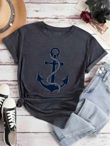 2025Women's Nautical Anchor Graphic T-Shirt - White & Navy Maritime Tee, Soft Breathable Fabric For Beach, Boating, Everyday Casual Fits - Sailor Gifts For Women, Cruise T Shirts, Boating Apparel, Knot Detail, Lightweight Tee, Stylish Blouse, Sailor Style LoversLoose And ComfortableComfortable Casual Tops-J - 灰色 - 查看 4