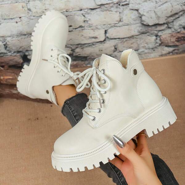 Women's Warm Thermal Lined Mid-Calf Boots, New Autumn/Winter Design With Color Block, 4cm Chunky Heel, Flat, Front Lace-Up, Side Zipper, Side Decorative Button, Fashion Boots