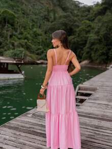 Casual Long Dress With Thin Straps And Discreet Neckline - 粉色 - 查看 4