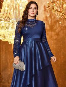 这款优雅的亮片蕾丝撞色双层缎面荷叶边下摆舞会正式晚宴礼服，也适合婚礼宾客、情人节、生日、毕业典礼、春季晚宴等场合。 - 藏蓝色 - 查看 8