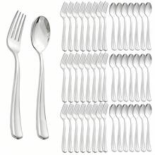 100件套银色塑料餐具套装 - 银色沙拉叉/意面叉/开胃菜叉，银色甜点勺/咖啡勺/冰淇淋勺/麦片勺，圣诞餐具套装，可重复使用的优雅餐具，适用于派对装饰，适合生日派对、婚礼、周年纪念、圣诞节、学校聚会、户外野餐、节日宴会等场合。