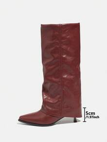 女士经典尖头粗跟及膝靴，一脚蹬朋克风格侧拉链长靴，温暖时尚，适合冬季派对、宴会、舞会，酒红色过膝靴 - 酒紅色 - 查看 5