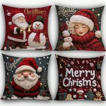 4 piezas Fundas de cojín impresas en terciopelo 2D con diseños navideños de Papá Noel, renos y árbol de Navidad, de 18" X 18", adecuadas para sala de estar, dormitorio, sofá, cama, decoración exterior. No incluye relleno de cojín (no es bordado real)
