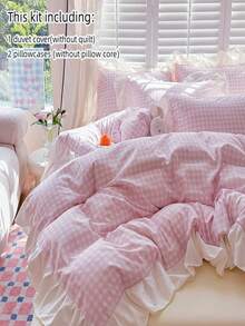 3pcs Lace Plaid Printed Bedding Set Including Duvet Cover And Pillow Cases (Without Inner), Soft And Breathable Fabric, Suitable For All Seasons, Duvet Cover With Zipper For Easy Washing,Fall Decor,Autumn Decor,Room Decor - Pink - View 5