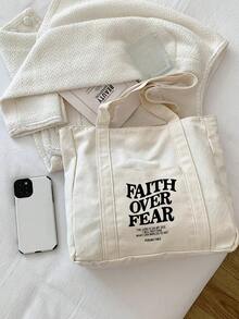 字母印花购物袋，多口袋休闲包，复古字母印花手提袋，耶稣爱你基督教印花化妆包，大容量手提袋，休闲单肩斜挎包，适合毕业生、青少年女孩、大一、大二、大三和大四学生（大学和高中），非常适合户外活动、旅行和返校，教师礼物铅笔盒，送给闺蜜的生日礼物，书包 - 米色 - 查看 11