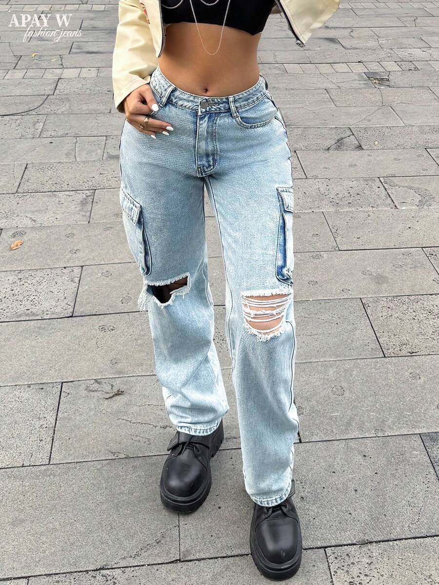 Quần cargo denim rách dành cho nữ, thời trang, phù hợp cho mùa hè, mùa xuân và phong cách thường ngày. - Rửa nhẹ - Xem 1