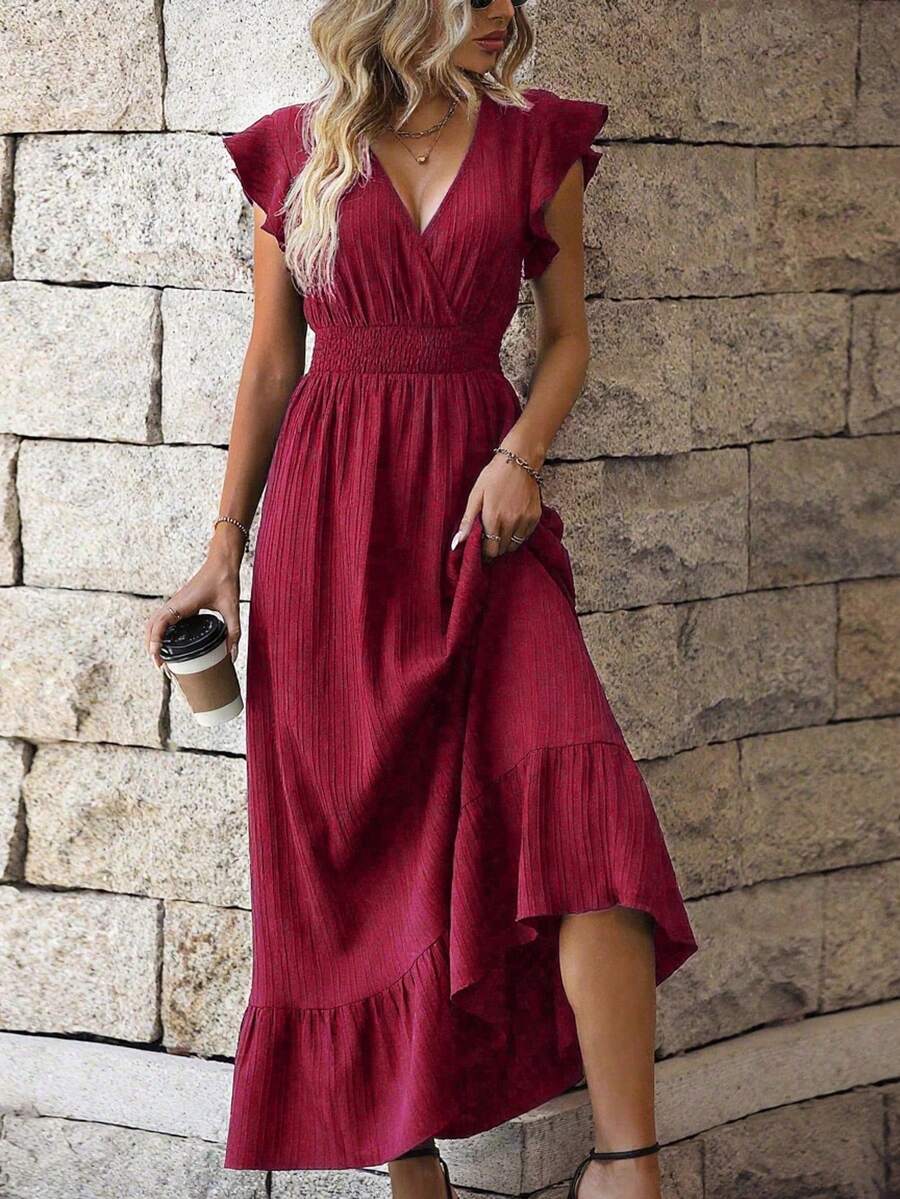 Women's Long Dress With Ruffled Hem, Perfect For Casual Dresses With A Cinched Waist, Perfect For Vacation, Travel, Dates And Holidays. - Xem 1