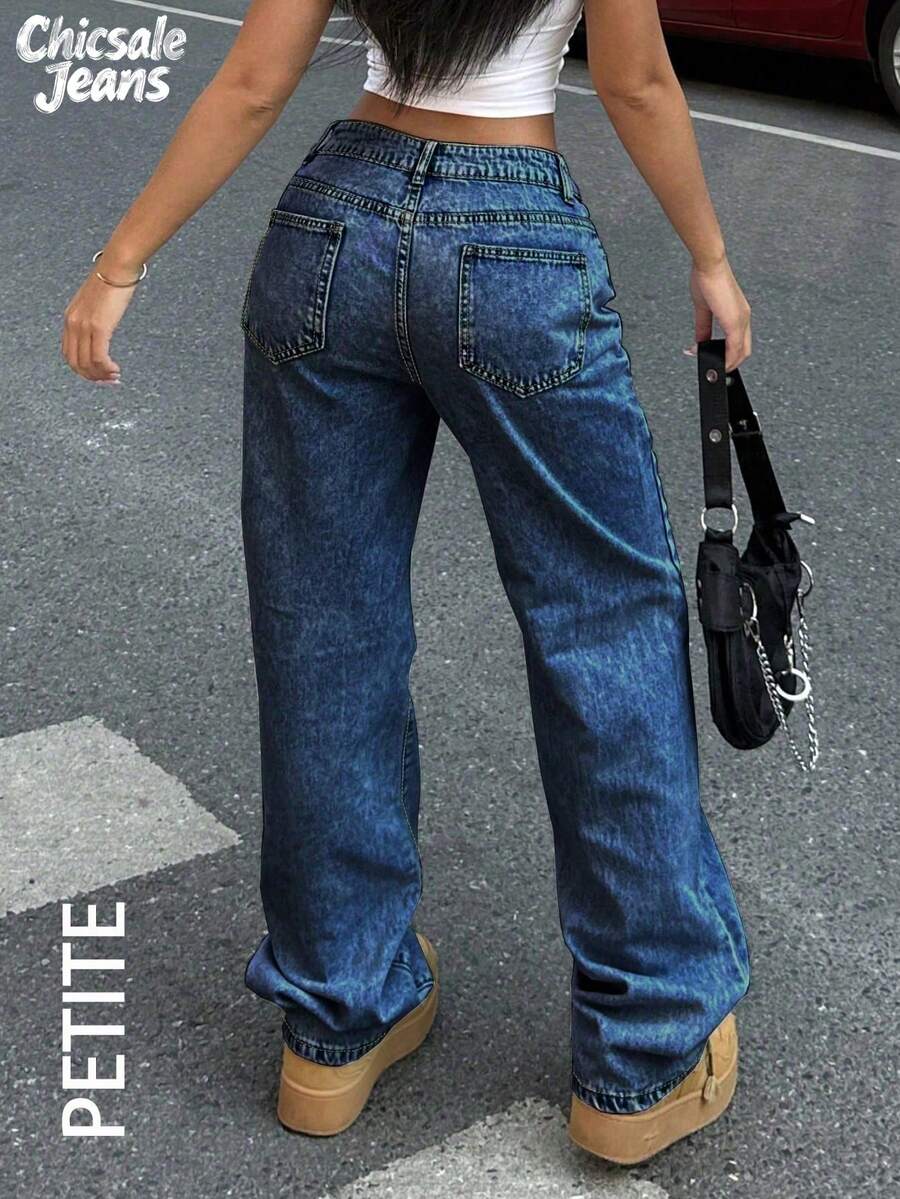 PETITE 女士休闲水洗阔腿牛仔裤，适合日常穿着 - 深色水洗藍 - 查看 1