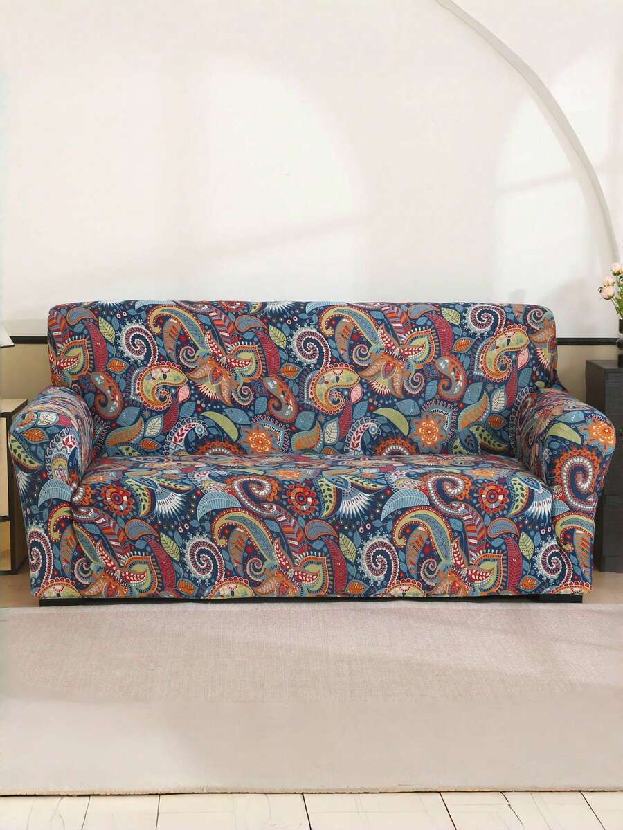 1pc Printed Sofa Cover, Elastic Full Coverage Polyester Fiber Sofa Slipcover, Suitable For Living Room, Bedroom, Office, Machine Washable, All Season - Red - View 1
