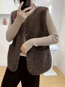 秋冬仿羊毛背心，复古风格女式无袖夹克，毛皮衬里绒面革马甲 - 咖啡棕 - 查看 4