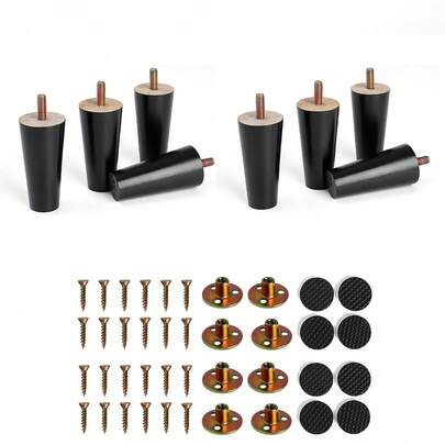 4pcs Black Round Solid Wood Furniture Legs, Medieval Style Furniture Legs Replacement Kit, Includes M8 Bolts, Rubber Sleeves, Screws, Non-Slip Pads, Suitable For Bedside Tables, TV Cabinets, Footboards, Chairs, Sofas, Cabinets, Bed Posts, Dressers, TV Stands, Wooden Furniture