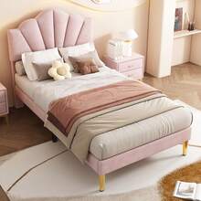 Upholstered Velvet Bed, 90 X 200 Cm, Shell-Shaped Bed With Gold Iron Legs, Height-Adjustable Headboard, Wooden Slatted Base, Pink - Pink - View 5