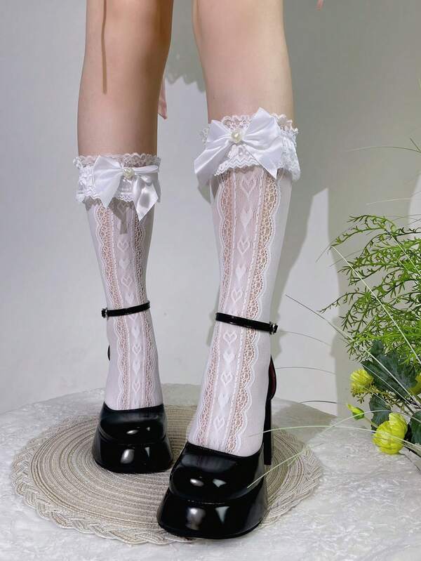 1 Pair Women's Lace Trim Bow & Pearl Decor Knee High Socks, Lolita Style, One Size Fits Most