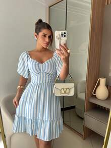 Women's Striped Short Dress With Puff Sleeves And Ruffles - Casual And Elegant Summer Fashion. Ruched Ruffle Hem - Baby Blue - View 1