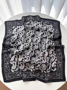 1条70*70厘米方形真丝围巾，女士缎面印花头巾，颈巾，发带，时尚女士披肩，围巾 - 黑白腰果 - 查看 3