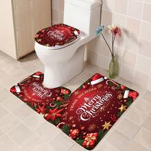 1 pieza/4 piezas Juego de decoración de baño multifuncional con corona de flores navideña roja, incluye 12 ganchos gratis, con ambiente elegante navideño, decoración de invierno, alfombra de baño, alfombra de inodoro en forma de U y alfombra de inodoro redonda, adecuado para todos los escenarios de decoración navideña