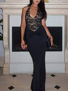 女士纯色无袖系带露背蕾丝拼接长裙紧身性感优雅派对礼服晚会生日服装 - 黑色 - 查看 3